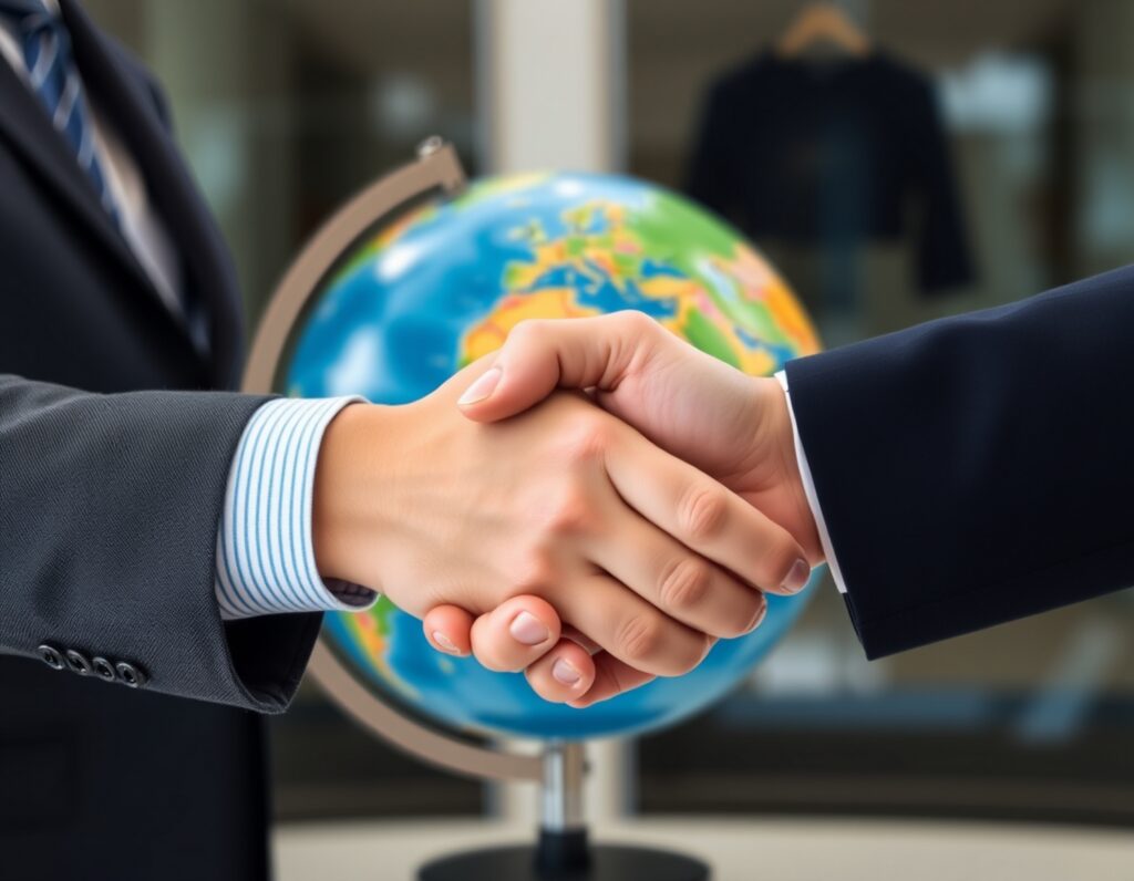 close up two people shaking hands with globe background