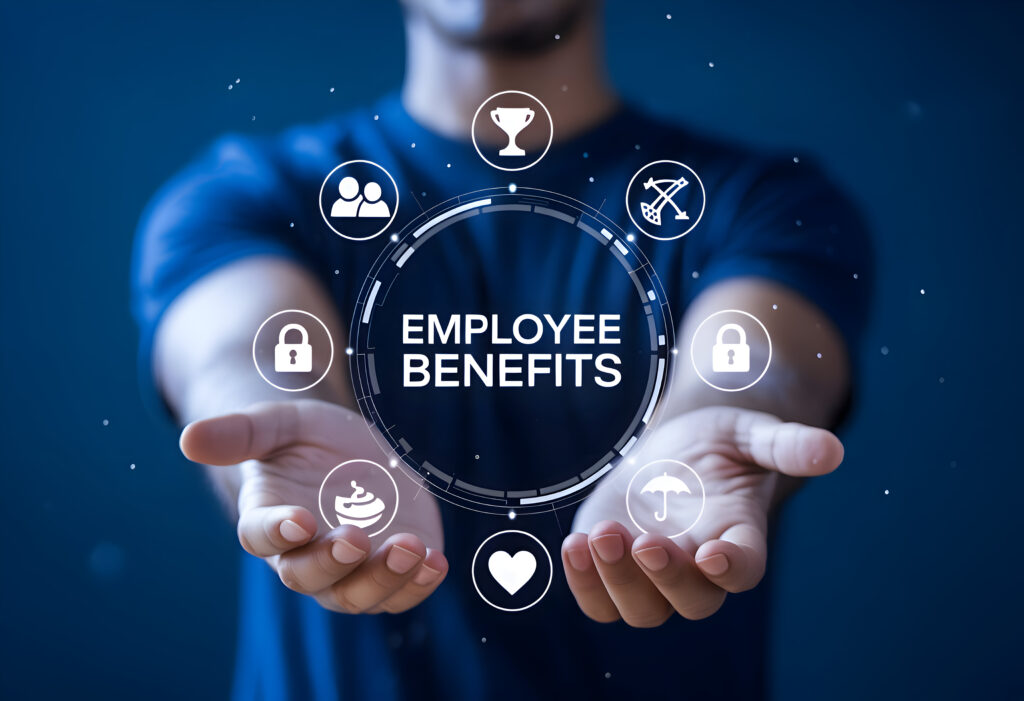 employee benefits concept with icons hands