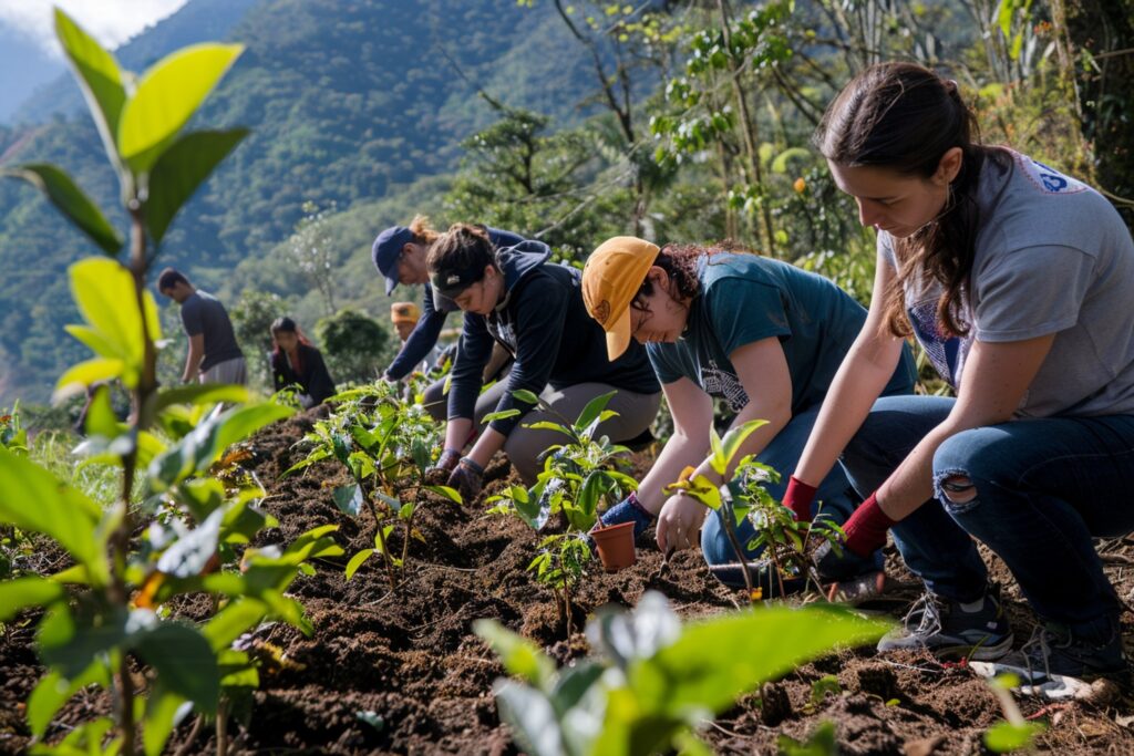 group women working field with plants trees background