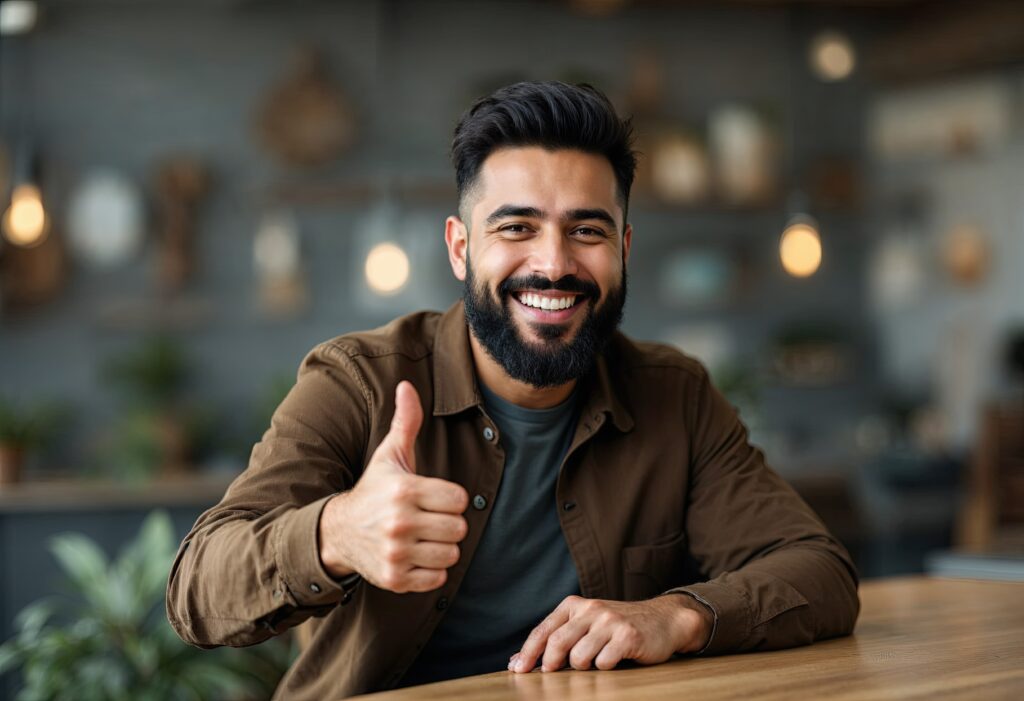 happy hispanic man with thumbs up gestureapproving his choice