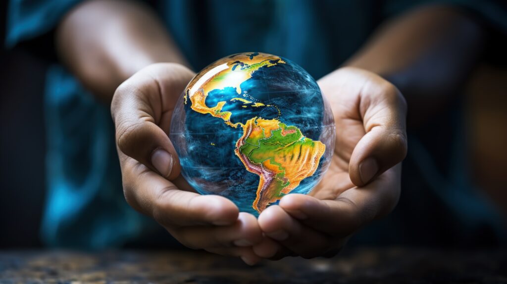 photorealistic hands holding planet earth