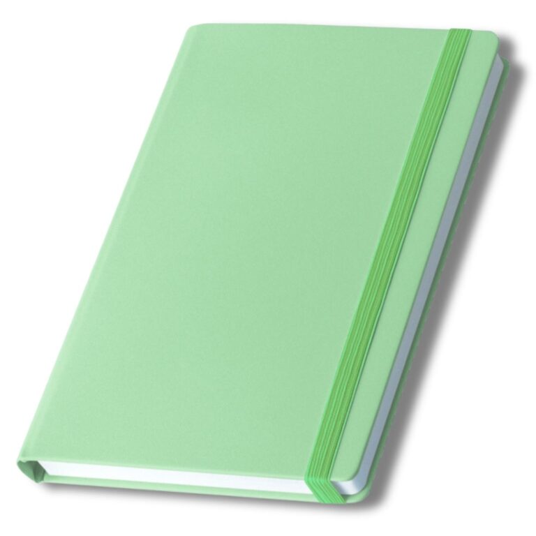 a light green journal with an elastic band to keep is intact